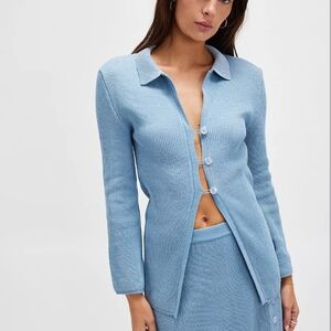 Free People x Celmo Shimmer Blue Three Button Cardi Sweater Cardigan SZ Medium